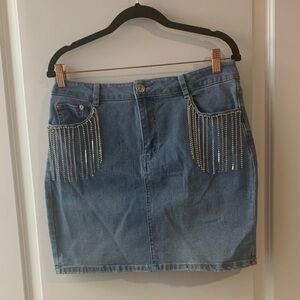 Refuge Blue Denim Skirt with Silver Fringe